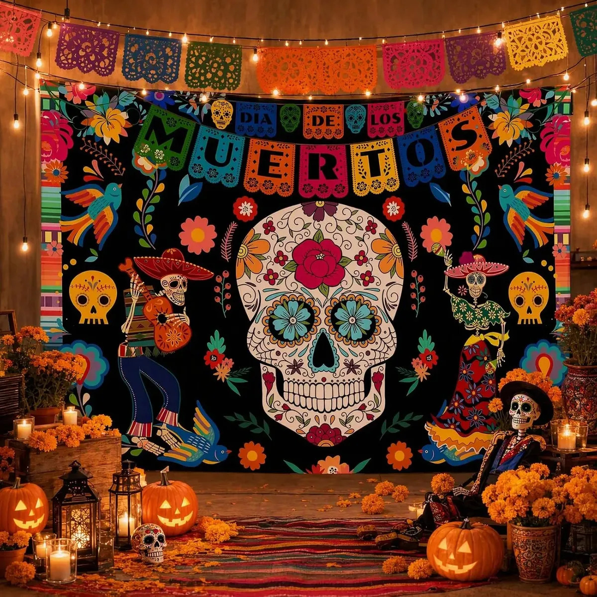 Cathseen Fondo Fotográfico Día de los Muertos 150x100cm, Pancarta Calavera de Azúcar, Catrina y Catrín, Banner de Tela, Decoración de Pared, Accesorio para Fotos, Fiesta Mexicana H