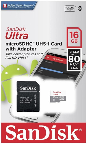 Memoria Sandisk Ultra 80mb/s 16gb Gopro Clase 10