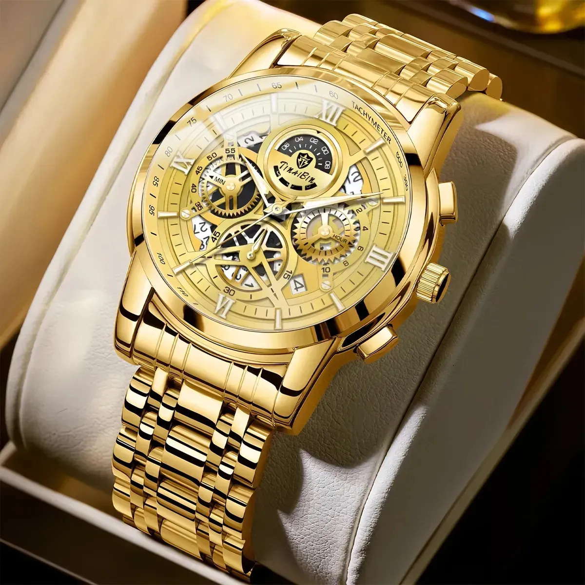 Reloj De Cuarzo Acero Multifunción Impermeable Para Hombre Correa Dorado Bisel Dorado Fondo Dorado