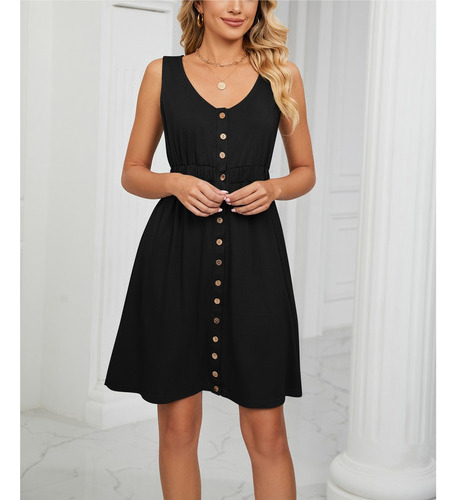 Vestido Sin Mangas Con Botones Cuello Redondo Mujer Con