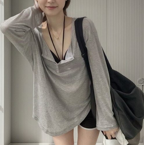 Camiseta Holgada De Manga Larga Con Cuello En V Para Mujer