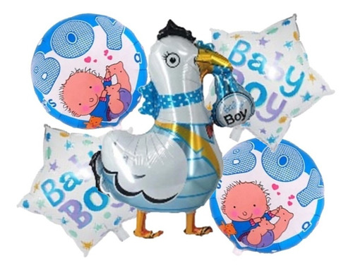 Pack 5 Globos Metalizados Baby Shower Cigueña Niño