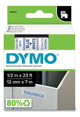 Dymo Standard D1 45014 Labeling Tape Blue Print On White Vvc