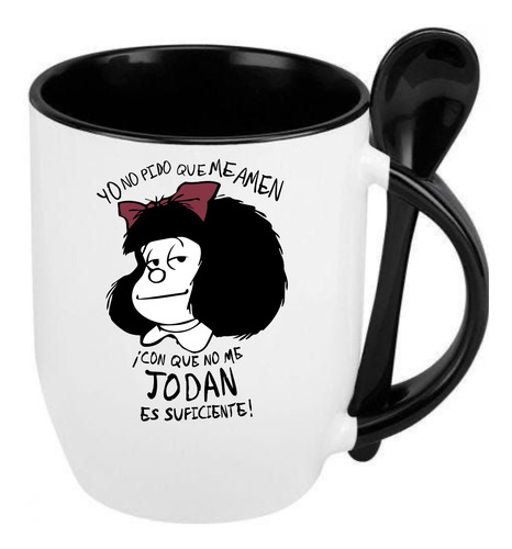 Taza Con Cuchara Frases Mafalda Colección Regalo Premium Negro Yo No Pido