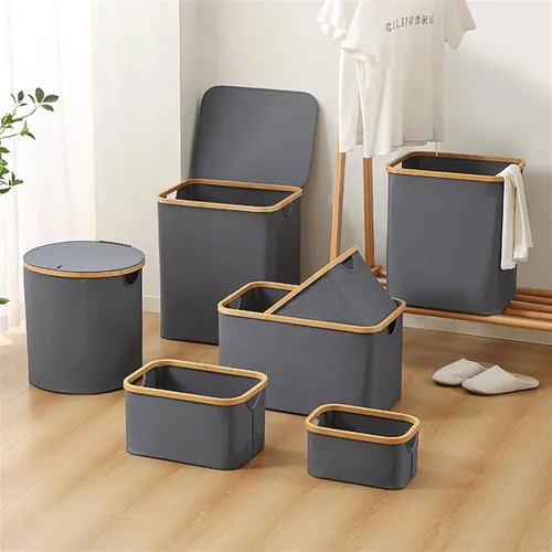 Cesta Ropa Sucia Canasto Plegable Gris Borde Bambu Cuadrado