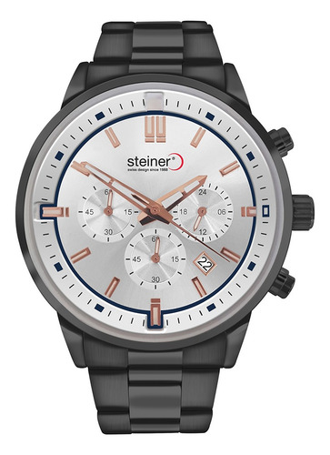 Reloj Steiner Fechador Extensible Acero Resistente Agua 30m Correa Gris oscuro Bisel Gris oscuro Fondo Plateado