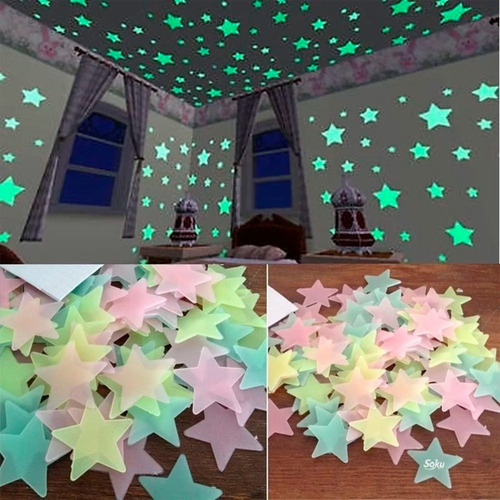 100 Estrellas Pared Stickers Neon Fosforescente Brilla Noche