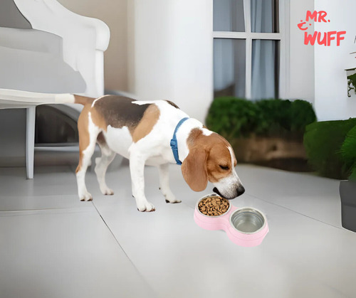 Plato comedero doble para perro con tazones de acero inoxidable MR Wuff color rosa