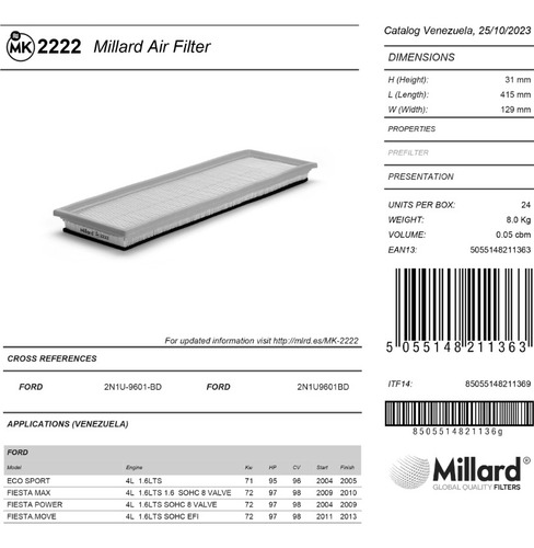 Filtro De Aire Millard Mk-2222 Fiesta Max Power Y Move Sport