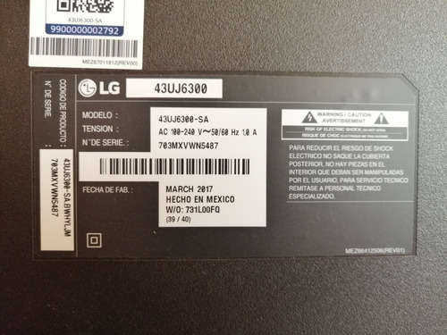 Imagen 10 de 12 de Repuestos Usados De Televisor Led Smart Tv LG 4k 43 Uj6300