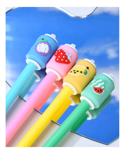 Lapiceras Tinta Azul De Personajes Cute Pack X12 Unidades Latas De Frutas Azul
