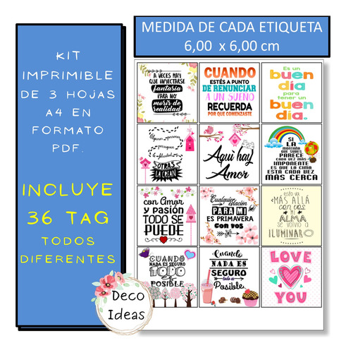 Imagen 4 de 4 de Kit Imprimible 03 Frases Color Stikers Tag Topper Emprender