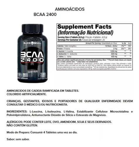 3x Bcaa 2400 Caveira Preta 30 Tabs - Black Skull