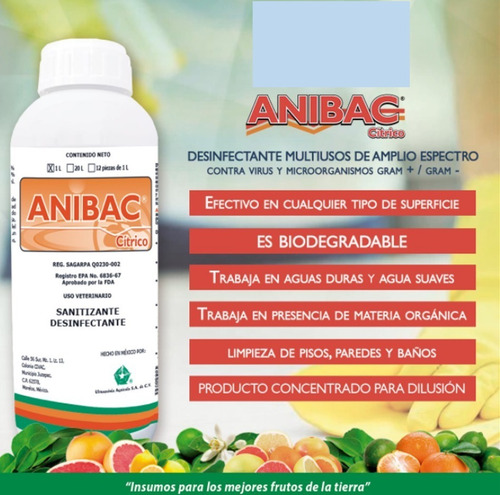 Imagen 2 de 3 de Anibac Citrico 5 Litro Sanitizante Concentrado 4a Generacion