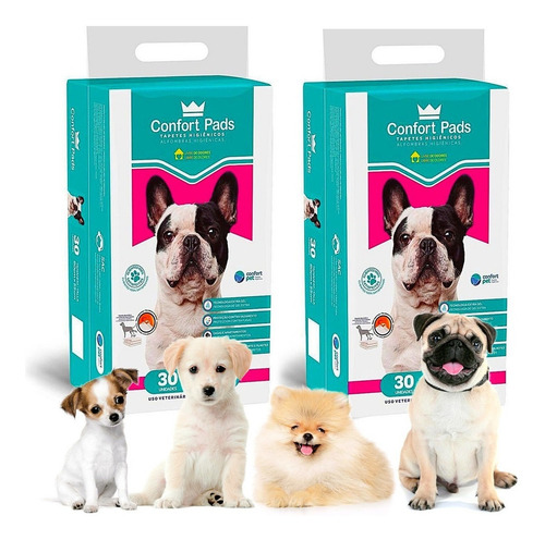 Imagem 1 de 10 de Kit 2 Tapete Higiênico Cachorro 60x55cm Confort Pads C/30 Un