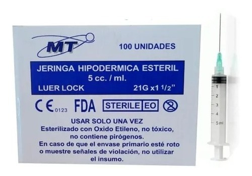 Jeringas Certificadas Luer Lock 5cc 21g X 1 1/2 - 100 Unid.