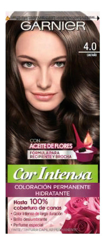 Kit Tinta, Oxidante Garnier  Cor intensa Kit Coloración Permnente Hidratante Garnier Cor Intensa tono 4.0 castaño 20Vol. para cabello