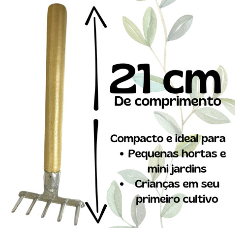 Mini Rastelo De Jardinagem Alumínio 21 Cm C/ Cabo De Madeira