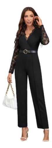 Jumpsuit Palazzo Negro Elegante Manga Encaje Floral Bordado