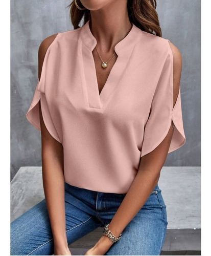 Camisa De Verano Con Cuello En V Liso Y Hombros Descubiertos