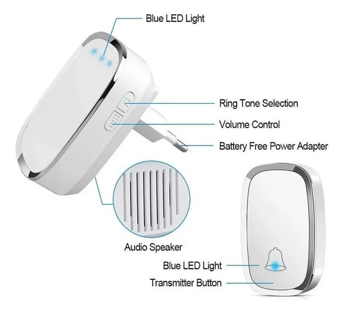 Timbre Inalámbrico Impermeable Con Luz Led 300m Color Blanco