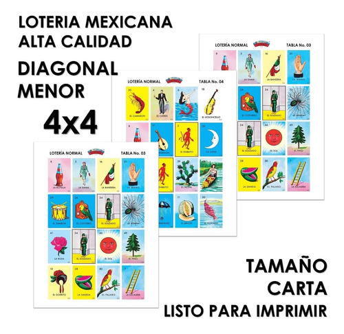 Loteria Mexicana 4x4 Diag Menor (doble) 15 Cartas Imprimible