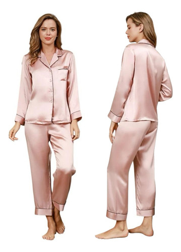 Pijama Mujer Seda Pantalon Largo Camisa Sexy Boton Bolsillos