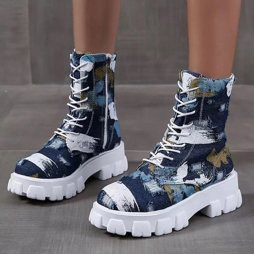 Botas Dama Alto De Tendencia En Estampado Camuflaje Lavado