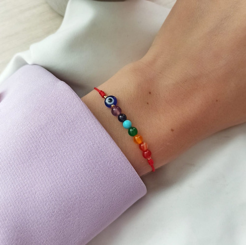 Imagen 2 de 5 de Pulsera Manilla 7 Chakras Más Ojo Turco Protección.