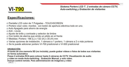 Imagen 5 de 5 de Portero Visor Vi-790 Pronext Lcd Color 7 Touchscreem