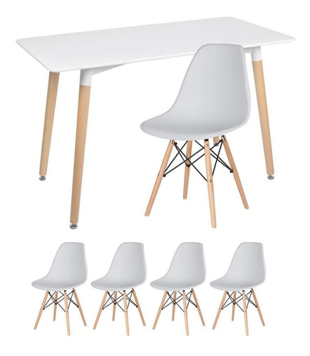 Kit Mesa Jantar Eames Retangular  4 Cadeiras Eiffel Wood Av Cor da tampa Mesa branco com cadeiras cinza claro