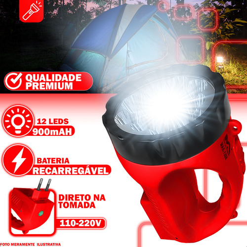 Lanterna 12 Led Recarregável Portátil Longo Alcance 900 Mah Potente 110/220v