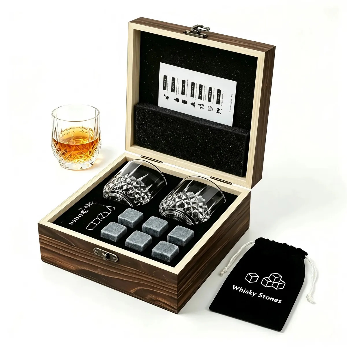 Kit de Piedras de Whisky ZYNLORA con 2 Vasos y Estuche, de Granito Reutilizable para Hombres