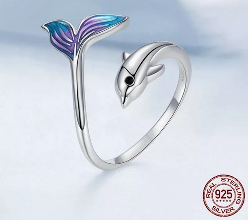 Imagen 2 de 5 de Anillo Delfin Ajustable Multicolor Plata 925 Mujer