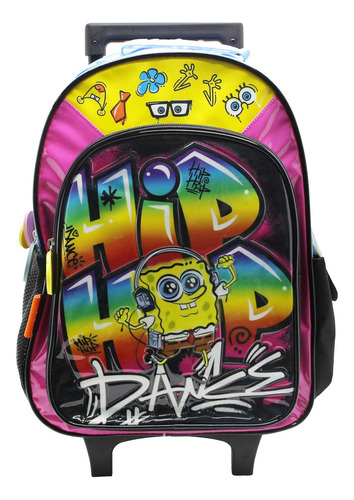 Mochila Escolar Bob Esponja Hip Hop Con Carro Color Negro Diseño De La Tela Liso