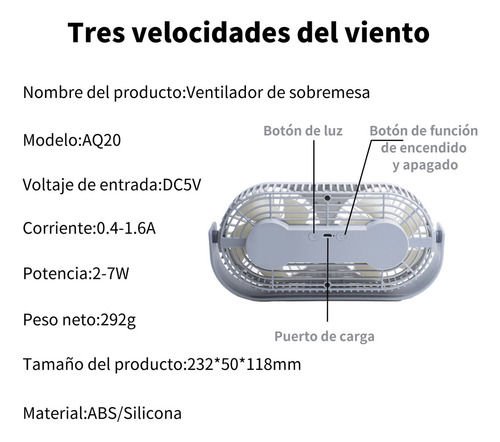 Ventilador Escritorio Portatil Recargable De Mesa Con Led
