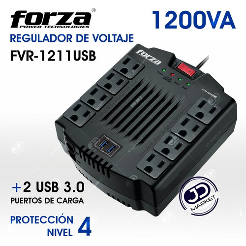 Imagen 2 de 9 de Regulador Voltaje Automático Forza 1200va / 8 Tomas + 2 Usb