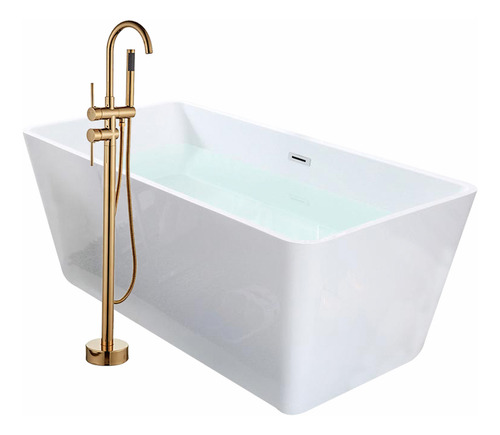 Solana Kit Tina De Baño Blanca Rectangular De Acrílico Slim 170x80x60 Cm + Grifo Independiente Tipo Cuello Cisne Monomando Gold / Kit De Lujo Completo Blanco/gold Para Cuarto De Baño