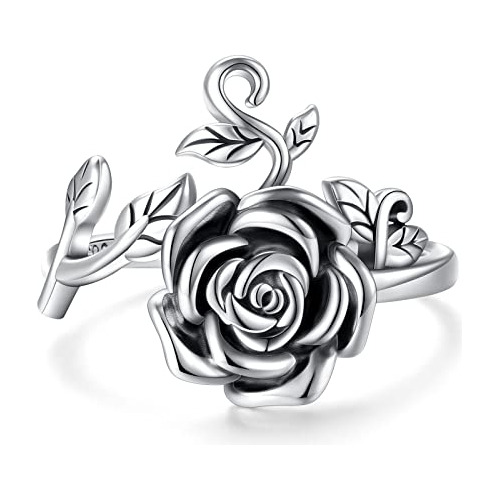 Anillo Abierto De Flor De Rosa En Plata Esterlina S925