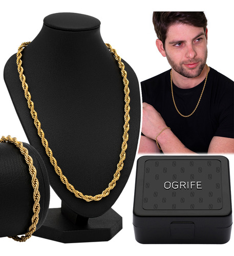 Conjunto Cordão Baiano Masculino 4mm Ouro Cj-167 Aço Inox