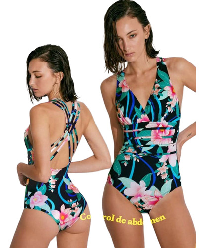 Traje De Baño Flores Control Abdomen Faja Xs/xxl Seca Rapido
