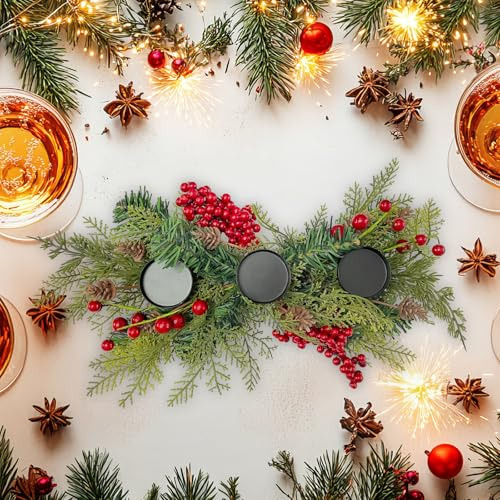 Portavelas De Navidad Con Aros, Bayas Y Conos De Pino