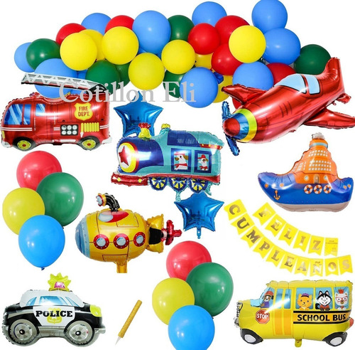 Kit Globos Metalizados Vehiculos Latex Banderin Feliz Cumple