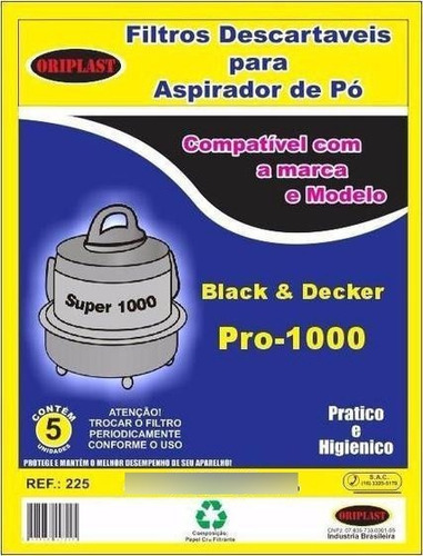 Kit C/5 Sacos Descartáveis Aspirador Black E Decker Pro 1000