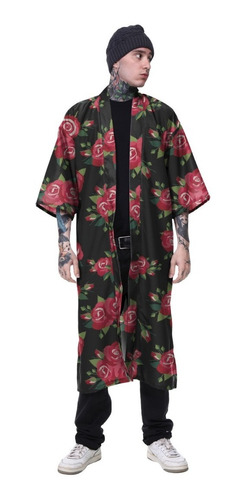 Kimono Haori Longo Floral Sakura Japão Rosas Gold Hype Trap