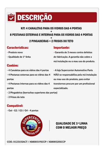 Kit Borracha Canaleta Pestana Pingadeira Gol G3 G4 4 Portas