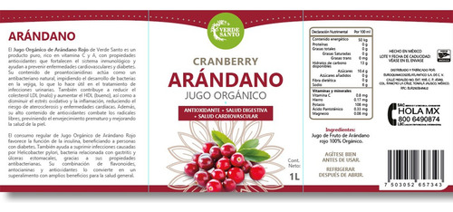 Jugo De Arándano Organico Verde Santo Cranberry Antioxida 1l