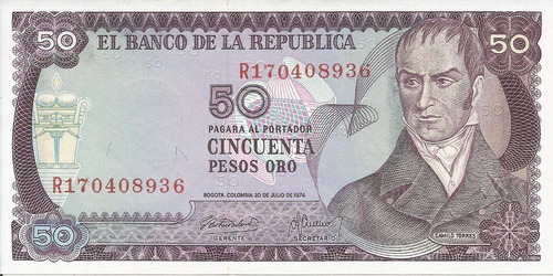 Colombia Reposición 50 Pesos 20 Julio 1974