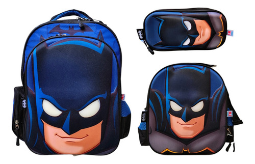 Kit Mochila Lonchera Lapicera Dc Batman 3d Luz Fotorama Azul Impresión