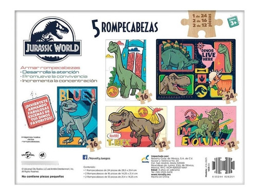 Rompecabezas Caja De Madera 5 En 1 Jurassic World 80 Piezas